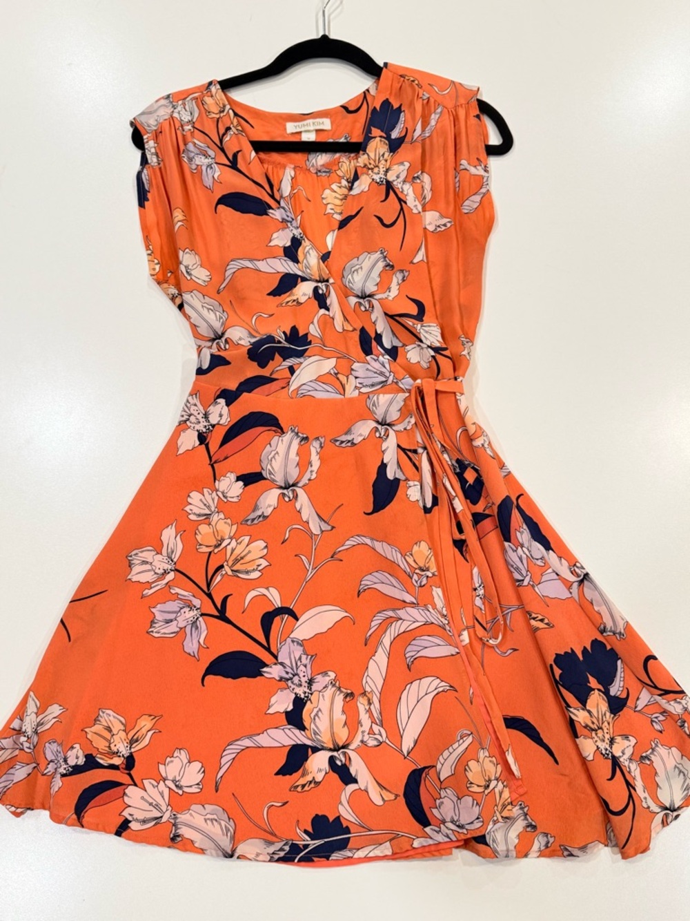 Yumi Kim Silk Wrap Dress Coral Floral | Size M | Tie Waist Mini - Picture 2 of 14